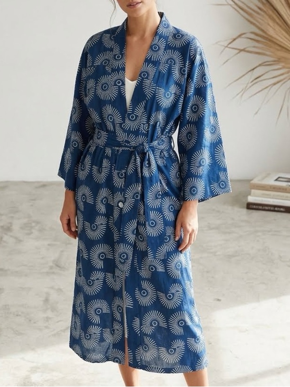 Blue Printed Kimono Robe with Tie Belt - Women 100% cotton! LUXE!! S